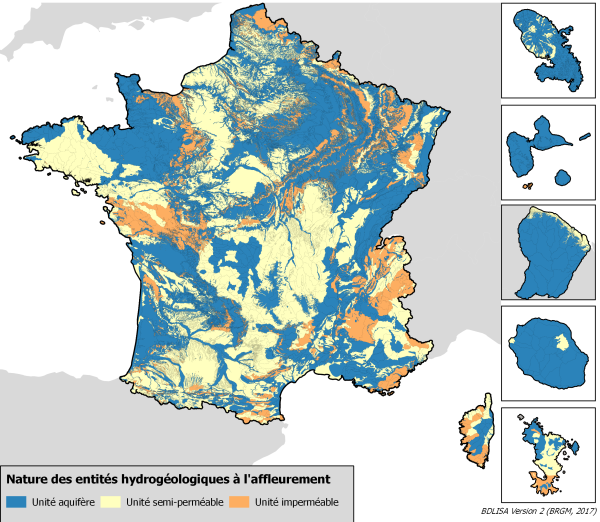 Représentation des entités BDLISA à l'affleurement à l'échelle de la France, par nature.